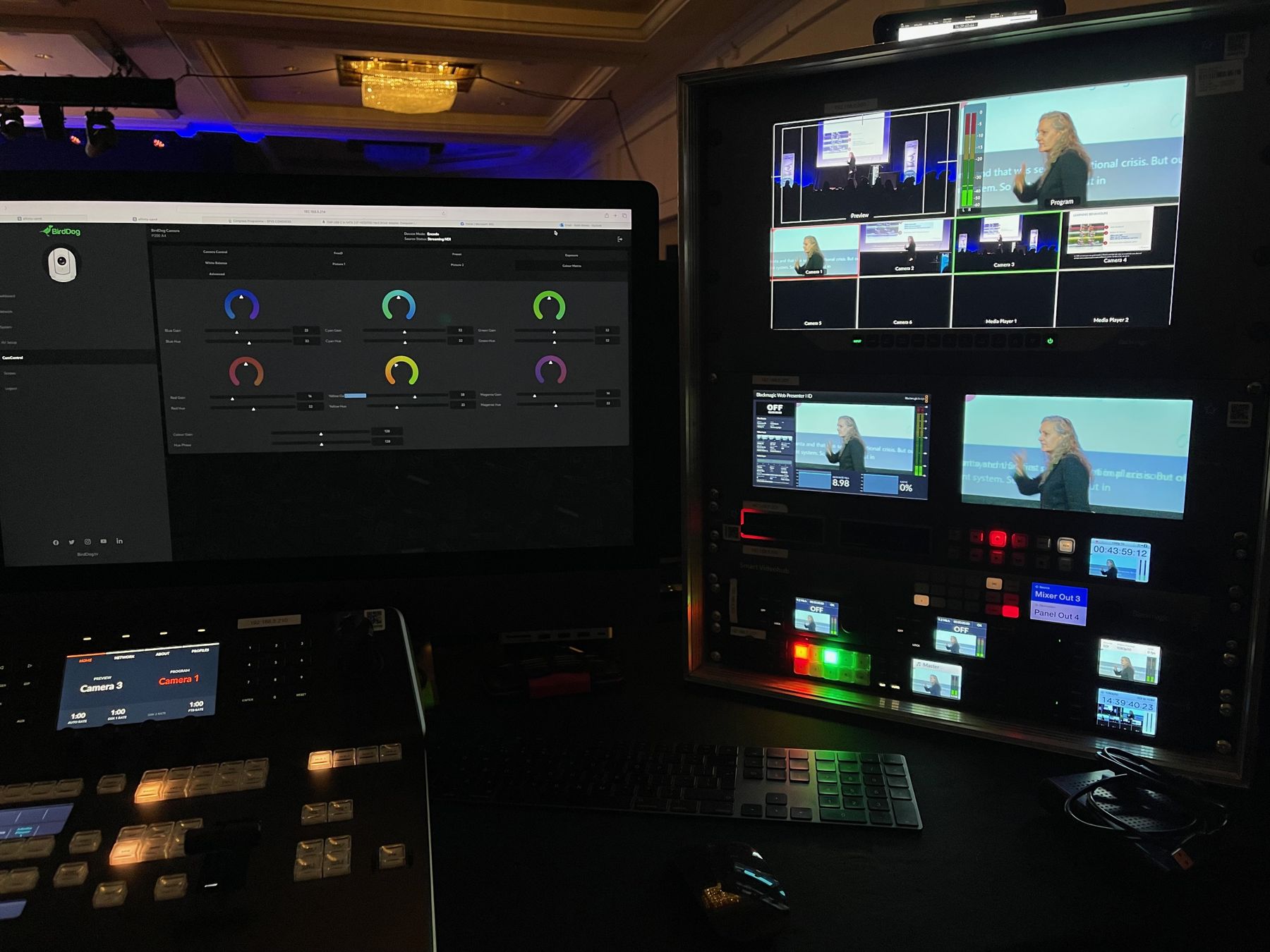 Vision mixing desk with multiple camera feeds